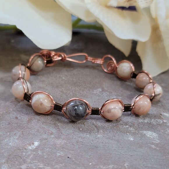 Handmade Wire Wrapped Cuff Sunstone Bead Bracelet - Picture 1 of 3